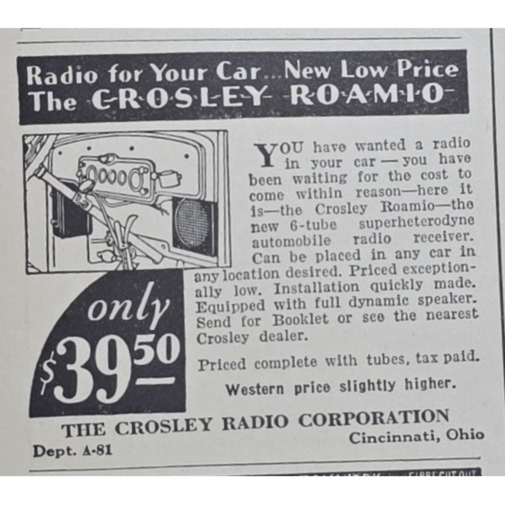 1932 Crosley Roamio Vintage Print Ad Original 6-Tube Car Radio Cincinnati Ohio